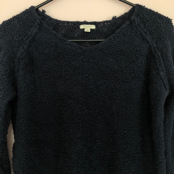 Navy Blue V-Neck Sweater Loose Knit Sweater - Picture 2 of 5